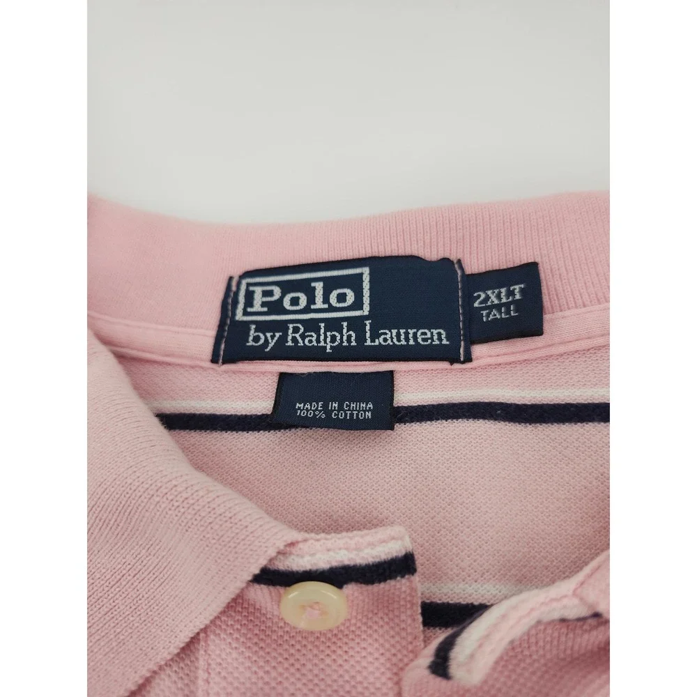Polo Ralph Lauren Mens 2XLT Tall Pink Navy Blue Striped Cotton Pique Polo Shirt